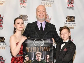 (Left to right) Actors Elly Gerspacher, Joel Sopp and Devlin Horth pose on the red carpet for the premiere of Wicked Plans at the Golden State Film Festival in Los Angeles.