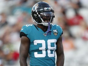 Defensive back C.J. Reavis, shown with the NFL's Jacksonville Jaguars during an NFL pre-season game on Aug. 29, 2019, has signed with the Saskatchewan Roughriders.