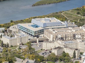 This September of 2019 aerial photo shows Royal University Hospital and the Jim Pattison Children's Hospital on the University of Saskatchewan campus in Saskatoon. (Saskatoon StarPhoenix/Liam Richards)