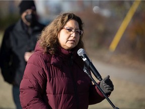 Erica Beaudin, Regina Treaty Status Indian Services executive director, speaks with media regarding homelessness  during a news conference held at Camp Marjorie at Pepsi Park in Regina, Saskatchewan on Nov. 1, 2021.