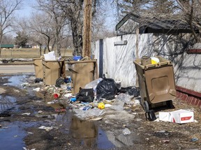 Garbage overflowing from bins in the back alley in North Central Regina on  March 30, 2022.
