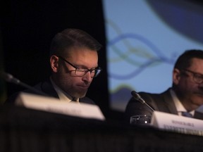 Minister of Mental Health and Addictions Everett Hindley sits on a panel during the bear pit sessions at the annual SUMA Convention in Regina on April 6, 2022.