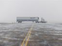 Wind and blowing snow were cutting down on the visibility west of Regina on Wednesday, April 13, 2022.