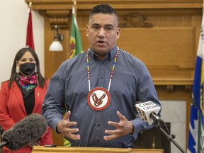 Kahkewistahaw First Nation Chief Evan Taypotat speaks at a NDP press conference at the Legislative Building on April 13, 2022 in Regina.