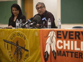 Sarah Longman, chair of the George Gordon First Nation Indian Residential School Cemetery Committee and Chief Byron Bitternose speak during an announcement for the results of the first search into potential unmarked graves linked to the school on April 20, 2022.