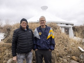 Rand Teed, left,  and Bruce Robinson, outside the Nugent studio in Lumsden on Saturday, April 23, 2022.