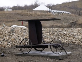 A sculpture made by John Nugent stands outside the Nugent Studio in Lumsden.