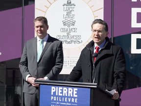 Pierre Poilievre speaking outside the Bank of Canada Museum, on Thursday, April 28, 2022.