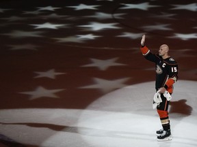 Regina-born Anaheim Ducks captain Ryan Getzlaf waves to fans Sunday after playing his final NHL game.