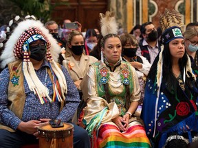 Members of indigenous delegations from Canada attend an audience with Pope Francis in the Clementine Hall of the Apostolic Palace at the Vatican, April 1, 2022.