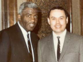 Jackie Robinson with Gerry Welsh at the Hotel Saskatchewan on May 11, 1967. Robinson was in Regina as the headline speaker at the Optimist sports dinner.