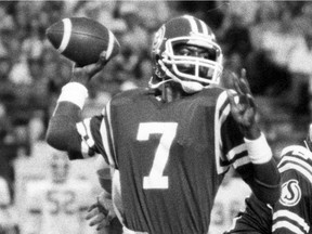 Saskatchewan Roughriders quarterback Joe (747) Adams, shown against the Hamilton Tiger-Cats on July 30, 1982, was impressive at the Green and White's controlled scrimmage in Saskatoon on June 6 of that year.