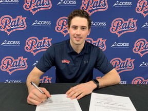 Regina Pats captain Logan Nijhoff is shown signing his first pro contract — with the AHL's San Diego Gulls/