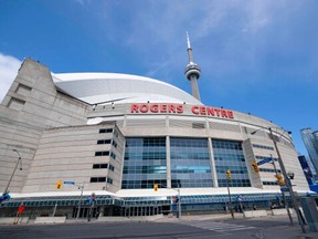 An exterior view of the Rogers Centre before the start of the Toronto Blue Jays home opener against the Texas Rangers on Friday, April 8, 2022.