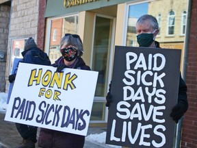 People in Ontario rallied in February in front of Huron-Bruce MPP Lisa Thompson's office to promote paid sick day.