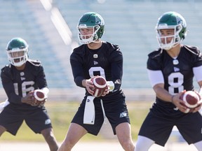 The Saskatchewan Roughriders will evaluate quarterbacks (left to right) Troy Williams, Jake Dolegala and Mason Fine during Tuesday's CFL pre-season game against the visiting Winnipeg Blue Bombers.