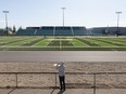 The University of Saskatchewan's Griffiths Stadium sits empty Monday as the CFL headed into Day 2 of its first strike since 1974.