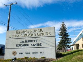 The sign in front of Regina's public school board office on 4th Avenue. The school board's IT systems were taken offline as a precaution after 'suspicious activity' was noticed over the weekend.