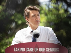 Prime Minister Justin Trudeau speaks during a media conference at St. Ann's Senior Citizen's village during his visit to Saskatoon. Photo taken in Saskatoon, Sask. on Wednesday May 25, 2022.