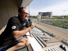 Michael Ball, CKRM's new play-by-play voice of the Saskatchewan Roughriders, is shown during training camp at Griffiths Stadium in Saskatoon.