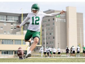 Saskatchewan Roughriders' punter/kicker Brett Lauther, show here during the team's 2022 training camp in Saskatoon, may have suffered  broken hand during the Riders' 41-20 win over the Montreal Alouettes on Saturday.