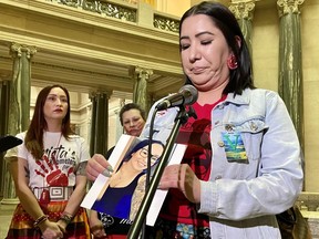 Tiffany Witchekan tells reporters at the legislature the story of her sister, Ally Moosehunter who was recently killed.