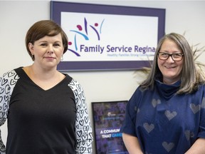 Rea Harbus, left, owner of Amaranth Designs, and Shellie Pociuk, CEO of Family Service Regina, wear the two sweaters designed for the third-annual heart sweater campaign.