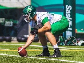 Offensive lineman Mattland Riley, shown at the Saskatchewan Roughriders' training camp in 2021, has decided to retire from football.