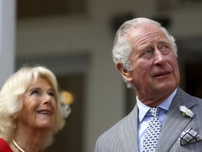 Britain's Prince Charles and Camilla, Duchess of Cornwall visit Canada House in London, Thursday, May 12, 2022. Prince Charles and his wife Camilla are set to begin a three-day tour of Canada this week that will focus on Indigenous reconciliation and climate change -- and on connecting with a Canadian public that is increasingly skeptical of the monarchy.