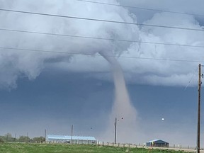 A photo taken before 8 p.m. Tuesday northwest of Caronport, believed to show a landspout tornado. There was one unconfirmed report of damage from the storm.