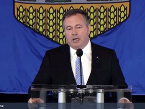 Alberta Premier Jason Kenney responds to the results of a United Conservative Party leadership review on May 18, 2022.