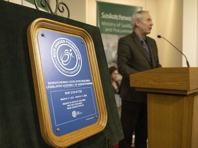 MLA Mark Docherty speaks after the Rick Hansen Foundation Accessibility Certification plaque was unveiled at the Legislative Building on Tuesday, May 10, 2022 in Regina.