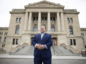 Phil Zajac, the leader of the Buffalo Party of Saskatchewan outside the Saskatchewan Legislative Building in late May.