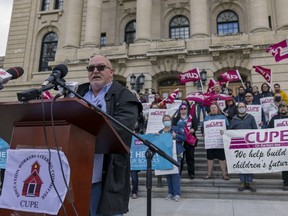 Rob Westfield, CUPE Saskatchewan education steering chair, speaks during the day of action event on Tuesday.