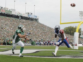 Saskatchewan Roughriders slotback Weston Dressler prepares to haul in a touchdown pass from Darian Durant during Saturday's victory over the Montreal Alouettes at Mosaic Stadium. 



(REGINA, SASK - Aug. 17, 2013  -  Saskatchewan Roughriders slotback Weston Dressler (#7) receives for a touchdown while Montreal Alouettes linebacker Mike Edem (#21) is caught behind the play during a game held at Mosaic Stadium in Regina, Sask. on Saturday Aug. 17, 2013.