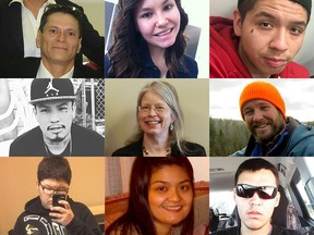 A photo collage of victims of gun violence. (top left to right). Matthew Wells, Marie Janvier, Keenan Scott Toto (middle left to right) Jordan Denton, Lisa Strang, Adam Wood (bottom left to right) Drayden Fontaine, Lorry Santos, Dayne Fontaine File photos / Regina Leader-Post