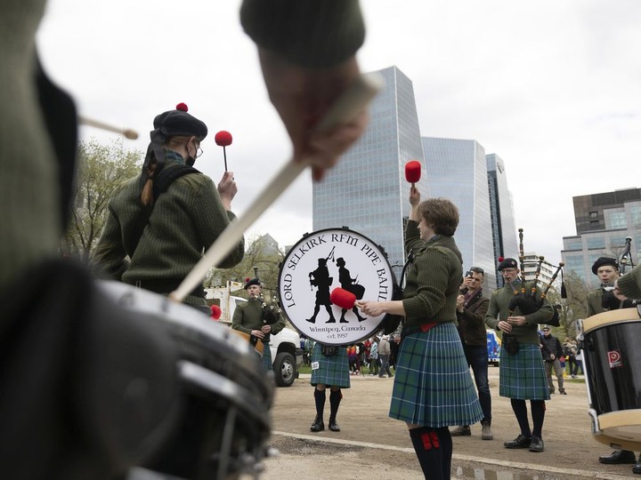  The Lord Selkirk RFM Pipe Band warms up before performing at the Saskatchewan Highland Games and Celtic Festival held in Victoria Park on Saturday, May 21, 2022 in Regina.
