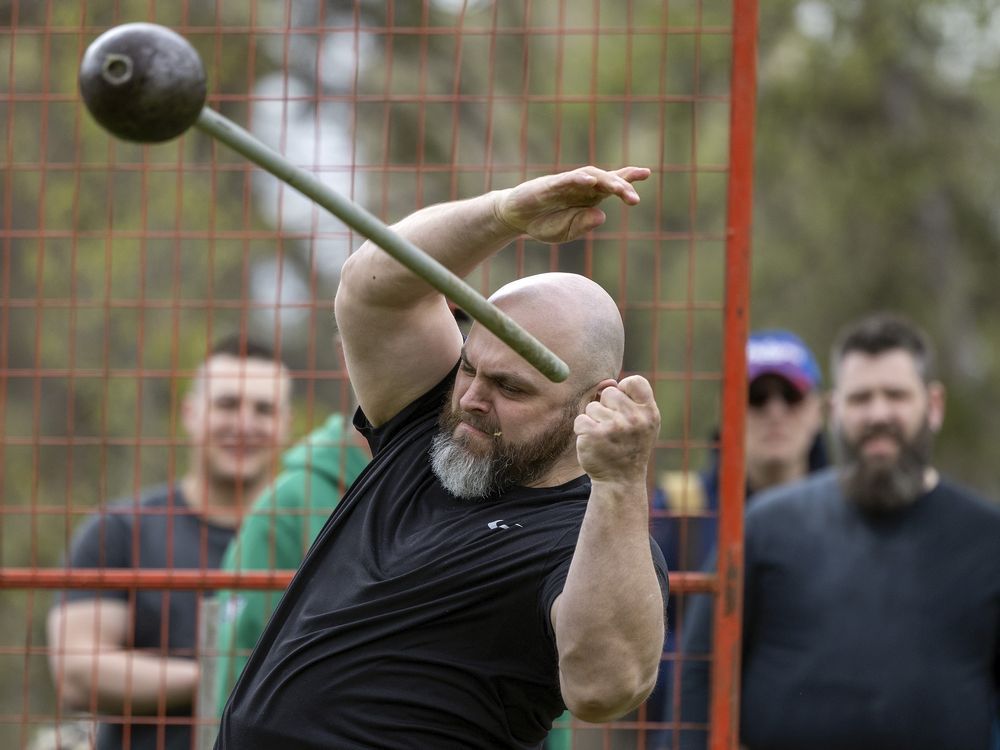 Derek Watt, of Hudson Bay, competes in the amateur class of Hamer throw at The Saskatchewan Highland Games and Celtic Festival held in Victoria Park on Saturday, May 21, 2022 in Regina.
