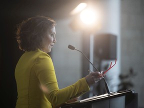 Energy and Resources Minister Bronwyn Eyre speaks to a crowd during an event to launch the province's study on possibly establishing a hydrogen hub in the Regina and Moose Jaw area.
