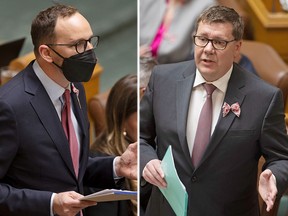 Two photos merged together of Ryan Meili, left, and Scott Moe addressing the legislative assembly on May 19, 2022 on the last day of the session. Photos by Kayle Neis/ Regina Leader-Post