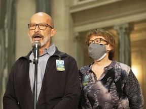 REGINA, SASK :  May 18, 2022 --   Dale Rathgeber and his sister Janice Rathgeber speak about mental health with reporters at the Legislative Building on Wednesday, May 18, 2022 in Regina.  Janice struggles with mental health issues and has twice presented at Regina ERs requiring emergency services for mental health but was left waiting for a doctor and medication for hours as she banged her head, thrashed and screamed for help.
TROY FLEECE / Regina Leader-Post