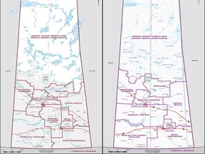 A side-by-side composition showing the existing federal election boundaries in Saskatchewan (left) and the proposed changes.