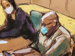 Frank James, the suspect in the Brooklyn subway shooting, sits as he appears during his court hearing in New York City.