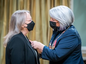 Mary Simon, Governor General of Canada, with Valerie Creighton, one of 10 officers and 13 members invested into the Order of Canada during a ceremony at Rideau Hall on Friday.