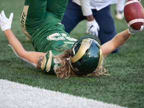 University of Regina Rams receiver Riley Boersma, shown celebrating a touchdown last season, was the Saskatchewan Roughriders' eighth-round choice (72nd overall) in Tuesday's CFL draft.