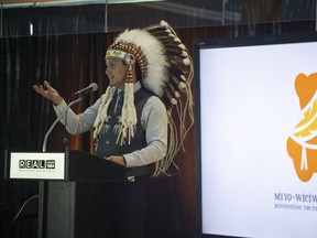 Chief Cadmus Delorme of the Cowessess First Nation speaks at an announcement for Miyo-wiciwitowin Day an event apart of the national Truth and Reconciliation Day held at Mosaic Stadium on Monday, May 30, 2022 in Regina.