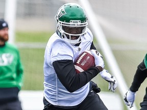 Riders receiver Duke Williams, shown at training camp, is questionable for Thursday's game in Montreal.