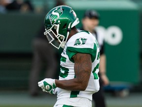 Saskatchewan Roughriders’ Jamal Morrow (25) celebrates scoring a touchdown on the Edmonton Elks on June 18 at Commonwealth Stadium.