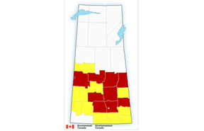 A map showing areas with severe storm warnings (in red) and watches (in yellow) on Thursday evening. Environment and Climate Change Canada tracked a storm system moving west to east across the southern half of the province. It was expected to produce strong winds, heavy rain, hail and create the potential for tornadoes.