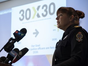 Lorilee Davies, deputy chief of operations, speaks during a press conference at the Regina Police Service. The RPS is launching the 30x30 Initiative, a North American program that aims to have the percentage of women in sworn police positions at 30 per cent by 2030.